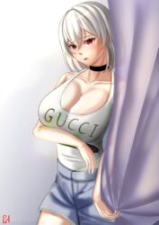 azur_lane big_breasts breasts casual choister female female_focus female_only female_solo gucci light-skinned_female red_eyes short_hair sirius_(azur_lane) solo solo_female white_hair