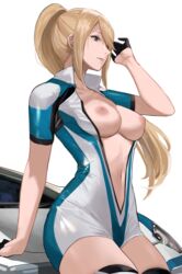 1girls blonde_hair breasts female green_eyes hartman_hips j@ck long_hair looking_away metroid open_clothes ponytail samus_aran sitting solo