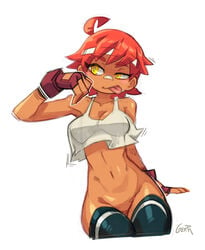 bandana bottomless carly_(skarp_world) fingerless_gloves gerph going_commando no_panties orange_skin red_hair skarp_world tan_skin thighhighs tomboy white_shirt yellow_eyes