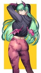 1girls ass casual clothed clothing darkstalkers demon_girl earrings female green_eyes green_hair hanny_(uirusu_chan) head_wings highres hoodie long_hair low_wings morrigan_aensland print_legwear small_breasts small_wings solo succubus wings yoga_pants