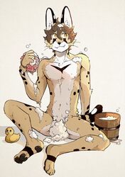 1boy anthro bathing bubble convenient_censorship fangs felid feline hi_res long_ears luxury_gin male male_only mammal nipples nude paws rubber_duck serval slim soap_bubbles solo yellow_eyes