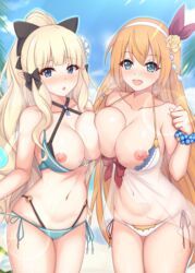 2girls ahoge aqua_bikini bangs bare_shoulders beach bikini black_bow blonde_hair blue_eyes blue_sky blush bow braid breasts collarbone elf hairbow large_breasts long_hair looking_at_viewer maca_(macaca12) multiple_girls navel nipples open_mouth orange_hair pecorine pointy_ears ponytail princess_connect! saren_(princess_connect!) side_braid sidelocks sky smile swimsuit thighs white_bikini