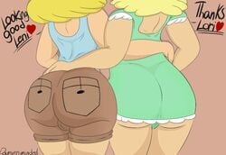 2girls back_view blonde_hair butt_focus damienminded dialogue fully_clothed hugging_from_behind leni_loud lori_loud multiple_girls nickelodeon panties signature the_loud_house thick_ass thick_thighs