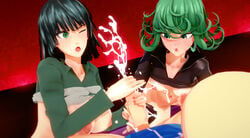 1boy 2girls 3d 3d_(artwork) ass big_breasts black_hair blush busty clothed clothing cum cumshot curly_hair curvy double_handjob esper_sisters female ffm_threesome fubuki_(one-punch_man) green_eyes green_hair handjob light-skinned_female light-skinned_male light_skin male mature_female medium_breasts medium_hair multiple_girls nipples one-punch_man petite pubic_hair qxdt saitama shiny_skin sisters small_breasts tatsumaki thick_thighs thighs threesome