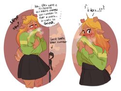 1boy 1girls 1male 2021 alley anthro anthrofied antlers artroly blonde_hair blush blush_lines blushing_profusely breath_cloud caught caught_in_the_act clothed clouds cross-eyed deltarune digital_media_(artwork) embarrassed english_commentary english_dialogue english_text eyelashes eyes_half_open female female_focus freckles freckles_on_face furry furry_only humanoid kris_(deltarune) long_hair long_sleeves looking_at_partner male_in_background motion_lines noelle_holiday olfactophilia outdoors peeking_out pov red_nose reindeer reindeer_antlers reindeer_humanoid roly sexually_suggestive skirt sky smell smelling smelling_clothes smelly sniff sniffing sniffing_clothes sound_effects sweatdrop sweater sweater_lift sweating tail_wagging talking talking_to_another talking_to_self