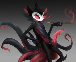 1boy artist_request big_penis cape cock grimm_(hollow_knight) hollow_knight huge_cock kiseru looking_at_viewer male male_only non-human penis red_eyes seductive smoking solo solo_feral solo_focus standing standing_sex