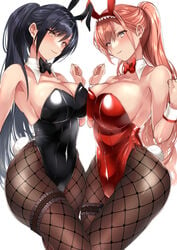 animal_ears arisugawa_natsuha bangs bare_shoulders black_hair black_leotard blush breasts cleavage detached_collar duo duo_focus fake_animal_ears female female_focus female_only grey_eyes hair_between_eyes highleg highleg_leotard idolmaster idolmaster_shiny_colors large_breasts leotard long_hair looking_at_viewer orange_hair pantyhose playboy_bunny ponytail rabbit_ears rabbit_tail red_leotard shirase_sakuya smile strapless strapless_leotard swept_bangs tail thighs wrist_cuffs yellow_eyes yuu_(asaiyuji)