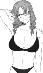 1girls bra breasts cleavage cute female glasses hanny_(uirusu_chan) head_tilt highres julia_chang large_breasts looking_at_viewer monochrome namco panties sketch smile solo standing tekken tekken_7 twin_braids underwear underwear_only