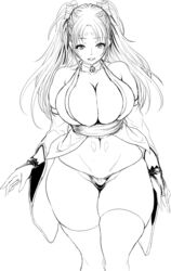 black_and_white child_bearing_hips chinbotsu cleavage clothed curvy doujinshi hourglass_figure huge_ass huge_breasts looking_at_viewer onaho_(chinbotsu) original_character panties robe solo_female thick_thighs thighhighs thong transparent_background twintails voluptuous