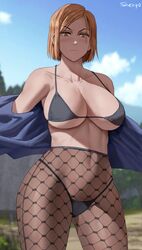 1girls 2021 artist_signature belly_button bikini_top black_panties breast_focus breasts brown_eyes brown_hair female female_only hi_res hips huge_breasts jujutsu_kaisen kugisaki_nobara looking_at_viewer outdoors panties panties_over_pantyhose pantyhose shexyo short_hair slim_waist thick_thighs thighs undressing wide_hips