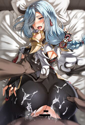 1boy ass ass_grab bar_censor bed_sheet bedroom blue_eyes blue_hair blush bodysuit braid breasts censored clothed_sex cum cum_on_ass cum_on_clothes dark-skinned_male doggy_style female fingerless_gloves genshin_impact gloves hair_ornament hair_over_one_eye highres hip_vent lhu_(barappra1) long_hair looking_at_viewer looking_back on_bed open_mouth paya8 pillow pov sex sheet_grab shenhe_(genshin_impact) straight torn_bodysuit torn_clothes