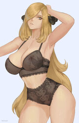 1girls 2021 alternate_breast_size alternate_version_available armpits black_bra black_panties blonde_hair blue_eyes bra breasts bustier cleavage curvy cynthia_(pokemon) female female_focus female_only fur_trim hair_ornament hair_over_one_eye hand_on_own_head large_breasts lingerie long_hair mature_female milf nextoad nintendo panties patreon_username pokemon pokemon_(game) pokemon_dppt see-through solo solo_female thick_thighs thighs underwear