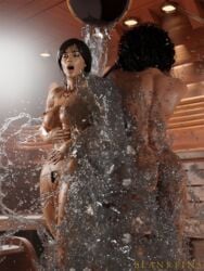 2girls 3d bath bathing black_hair blankpins broom brown_hair chloe_frazer curly_hair dark-skinned_female duo nude overwatch pharah pubic_hair sauna sweat tan-skinned_female uncharted water wet