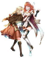 2girls armor bare_shoulders blonde_hair blush boots bow braid breast_grab breasts brown_eyes cape capelet celica_(fire_emblem) choker commission double_breast_grab dress faye_(fire_emblem) female_only fingerless_gloves fire_emblem fire_emblem_echoes:_shadows_of_valentia fire_emblem_heroes flustered gloves grabbing groping hair_ribbon hairbow highres long_hair multiple_girls nintendo priestess princess red_eyes red_hair ribbon skirt thigh_boots thighhighs tiara wani_(fadgrith) yuri