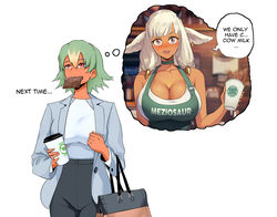 2girls alternate_costume apron artist_name ash_(fire_emblem) bag black_pants breasts brown_eyes cleavage coffee_cup cow_girl cow_horns cup dark-skinned_female dark_skin disposable_cup earrings english_commentary english_text female_only fire_emblem fire_emblem_heroes food formal green_apron green_hair handbag horns iced_latte_with_breast_milk jewelry laegjarn_(fire_emblem) meme meziosaur multicolored_hair multiple_girls naked_apron nintendo pants red_eyes silver_hair sleeveless starbucks suit text thought_bubble toast