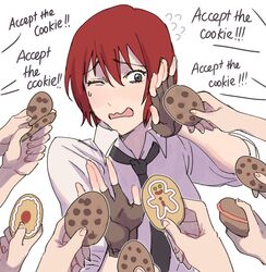 1girls 6+others clothed cookie cookies english_text fingerless_gloves han_soo-min hanny_(uirusu_chan) necktie original phallic_reference red_hair sexually_suggestive shirt short_hair surrounded