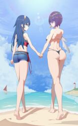 2girls alternate_costume ass back back_view bare_back big_ass bikini black_bikini black_swimsuit blue_bikini blue_eyes blue_hair blue_swimsuit fire_emblem fire_emblem_awakening fire_emblem_cipher fire_emblem_heroes googoogaagaa holding_hands kiran_(fire_emblem) kiran_(fire_emblem)_(female) large_breasts long_hair lucina_(fire_emblem) lucina_(summer)_(fire_emblem) micro_bikini multiple_girls nintendo skindentation small_breasts smile swimsuit underboob yuri