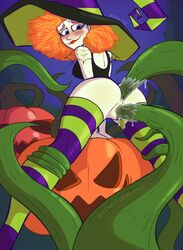 ass blush from_behind halloween mexicanjoe orange_hair scary_godmother scary_godmother_(series) standing standing_sex tentacle tentacle_in_ass tentacle_in_pussy tentacle_sex tentacles_around_legs thighhighs vaginal_penetration vine_tentacles witch witch_hat