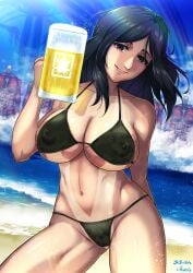 1girls attack_on_titan beach beer beer_mug big_breasts bikini black_hair bra breasts colossal_titan eldian_flag female female_only founding_titan moris nipples_visible_through_bra nipples_visible_through_clothing ocean pieck_finger shingeki_no_kyojin smile smiling tanline thick_thighs water