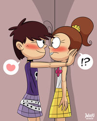 2girls blush female female_only flirting freckles fully_clothed heart incest julex93 luan_loud luna_loud nervous nickelodeon pinned_against_wall sisters standing staring_at_another the_loud_house wall yuri