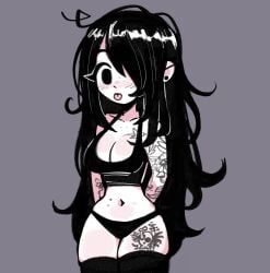 1girls artist_self-insert before_sex big_breasts big_eyelashes black_bra black_hair black_panties black_underwear blush bra clothing cute cute_face ear_piercing eyelashes_visible_through_hair eyeliner female freckles freckles_on_face goth goth_girl hair_over_one_eye hourglass_figure imminent_sex legs_together long_hair looking_at_viewer matching_underwear meg_(megrocks) megrocks messy_hair overflowing_thighs pale_skin panties piercing piercings pinup profile profile_picture solo solo_female solo_focus stomach_piercing tattoo tattoo_on_arm tattoo_on_leg tattooed_arm tattooed_leg tattoos thick_thighs thigh_highs thighhighs thighs thin_waist tongue tongue_out wide_hips