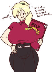 1girls big_ass big_breasts black_skirt blonde_hair breasts_bigger_than_head clothed clothing curvy denny's hand_on_hip hips honeyboyy looking_to_the_side milf milf_dennys mob_face ponytail public red_shirt restaurant skirt sweating text uniform white_background