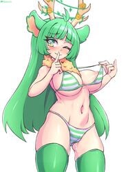 animal_ears bebatch bikini breasts deer_girl female green_hair haruka_karibu highres humanoid large_breasts mammal nipples one_eye_closed solo swimwear teasing virtual_youtuber vshojo wink