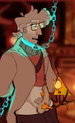 bill_cipher bondage chains disney disney_channel gay gravity_falls grey_hair interspecies male_only penis restrained stanford_pines straight_hair stroking_penis