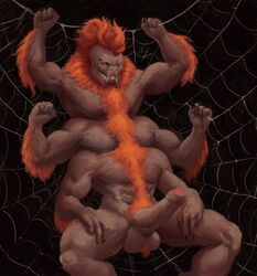 absurd_res anthro arachnid arthropod balls body_hair chest_hair foreskin genitals hair hi_res humanoid_genitalia humanoid_penis male mandibles mane mohawk multi_arm multi_eye multi_limb multi_pec muscular mygalomorph penis scalesnveins solo solo_male spider tarantula terek