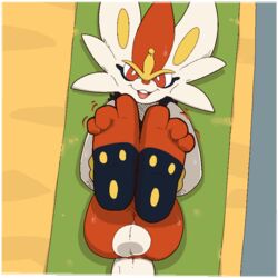 1:1 3_toes aliasing anthro argon_vile ass balls barefoot beach beach_towel bodily_fluids buckteeth cinderace digital_media_(artwork) feet foot_fetish foot_focus fur genitals hi_res high-angle_view lagomorph legs_up looking_at_viewer lying male mammal nintendo on_back open_mouth paws pokémon_(species) pokemon sand seaside soles solo sweat sweatdrop teeth toes towel video_games white_body white_fur