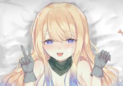 :d bangs bed blonde_hair blue_eyes blue_hair blush bow breasts cum cum_on_body cum_on_breasts eyebrows_visible_through_hair facial female gloves gradient_hair heart heart-shaped_pupils implied_sex indie_virtual_youtuber large_breasts long_hair looking_at_viewer lying multicolored_hair nude on_back pink_bow smile solo symbol-shaped_pupils ten-jun_naki v virtual_youtuber zeta_(vtuber)