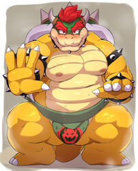 1boy balls bara bowser bulge full_body gay male male_only mario_(series) muscles muscular musk nintendo penis pose simple_background solo standing sumo sweat yoshizaurusu_n