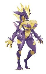 1girls 3_fingers 3_toes amped_toxtricity anthro anthrofied big_breasts breasts cleavage covered_nipples curvy eyeliner female female_only front_view full_body hairless_pussy highres hips huge_breasts humanoid large_breasts mohawk navel nintendo pokemon pokemon_only pokemon_ss pokemorph purple_body purple_tongue pussy scalie shiny_skin simple_background solo solo_female spikes spikes_(anatomy) spiky_hair standing tail the_lost_artist thick thick_thighs thighs tongue tongue_out top_heavy toxtricity twitter_username two_tone_body white_background wide_hips yellow_body