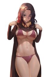 1girls breasts brown_eyes brown_hair closed_eye clothes_lift elden_ring female fromsoftware holding_clothes melina_(elden_ring) solo stomach thighs tits tusktas underwear