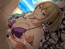 beach bikini blonde_hair breast_grab breasts censored female grabbing highres large_breasts noeomi original paizuri paizuri_under_clothes penis swimsuit