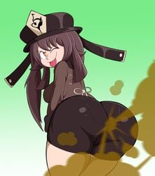 1girls ass_bigger_than_head big_ass big_butt big_fart bike_shorts brown_hair enormous_ass fart fart_cloud fart_fetish farting farting_at_viewer female female_only genshin_impact hat hu_tao_(genshin_impact) looking_back mischievous one_eye_closed orange_eyes playful_smile protorepulsive repulsiveproto smile solo thick_thighs tongue tongue_out wink yoshizilla