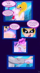 1girls big_breasts blitzhero blonde_hair cocky_smile comic_page commission commissioner:blitzhero commissioner_upload dialogue english_text erection face_in_breasts gym head_between_breasts huge_breasts huge_cock larger_female muscular_female pink_lipstick pink_nails shelbziboo smaller_male speech_bubble titanic_tit_tina tits topless water_bottle