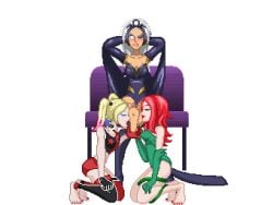 3girls animated arms_up batman_(series) bodysuit cleavage clothed crossover dark-skinned_female dark_skin dc_comics feet foot_fetish foot_focus foot_lick foot_worship gloves hands_behind_head harley_quinn jayakun licking_foot marvel marvel_comics nail_polish ororo_munroe pixel_animation pixel_art poison_ivy soles storm_(x-men) toenail_polish twintails x-men yuri