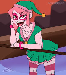 cartoon_network christmas christmas_clothing christmas_elf christmas_hat christmas_outfit costume elf female_only mapashonsfw medium_breasts miss_heed_(villainous) necklace pink_eyes pink_hair pink_skin smile thick_thighs thighhighs thighs tight_clothing villainous