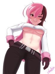 1girls breasts brown_hair cslucaris from_below grin hand_on_hip heterochromia highres long_hair looking_at_viewer looking_down lowleg lowleg_pants medium_breasts midriff multicolored_hair navel neo_(rwby) pants pink_hair pose rwby seductive_smile signature simple_background smile solo split-color_hair standing stomach underboob white_background