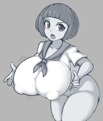 1girls ass big_ass big_breasts bob_cut bottomless breasts breasts_bigger_than_head clothed female_only huge_ass huge_breasts kill_la_kill kittenboogers large_ass large_breasts looking_at_viewer mankanshoku_mako massive_breasts monochrome monochrome_background nipples_visible_through_clothing no_panties school_uniform seifuku simple_background tagme thick_thighs wide_hips