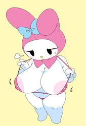 adjusting_swimsuit areola areolae bikini blush bow bunny_ears dream-cassette female half-closed_eyes hoshime huge_breasts jiggle mob_face my_melody onegai_my_melody pink_bikini ripped_bikini sanrio shortstack solo stomach thighs tummy water_drop