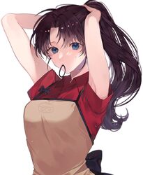 1girls adjusting_hair apron armpit_peek armpits black_hair blue_eyes breasts collared_shirt commentary fate/stay_night fate_(series) female hair_tie hair_tie_in_mouth hand_in_air highres long_hair looking_at_viewer mouth_hold partially_unbuttoned ponytail red_shirt ribbon shimatori_(sanyyyy) shirt short_sleeves simple_background solo sweatdrop tohsaka_rin tying_hair up_sleeve white_background