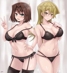 2girls alexis_rhodes anzu_mazaki black_bra black_garter_straps black_legwear black_panties black_stockings blonde_hair blue_eyes blush brown_hair closed_mouth female long_hair looking_at_viewer mazaki_anzu multiple_girls open_mouth peace_sign r-binon short_hair smiling_at_viewer tea_gardner tenjouin_asuka tongue yellow_eyes yu-gi-oh! yu-gi-oh!_duel_monsters yu-gi-oh!_gx yuu-gi-ou yuu-gi-ou_duel_monsters yuu-gi-ou_gx