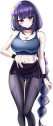 1girls 2021 beauty_mark belly_button blush braided_hair female female_only genshin_impact gym_clothes hanasaka_houcha highres hips long_hair looking_at_viewer midriff mole_under_eye purple_eyes purple_hair raiden_shogun simple_background slim_waist smile sports_bra sportswear thick_thighs thighs very_long_hair wide_hips