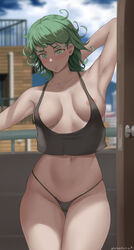 1girls areolae armpits big_breasts blush breasts eye_contact female green_eyes green_hair looking_at_viewer one-punch_man savagexthicc short_hair solo standing tatsumaki thick_thighs thong wide_hips