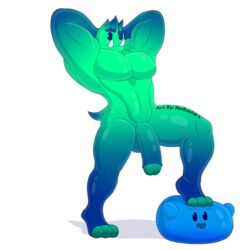 1:1 alpha_channel anthro balls duo flexing foreskin genitals goo_creature hands_behind_head male muscular notkastar nude open_mouth pecs penis signature slime smile solo text tongue tusks