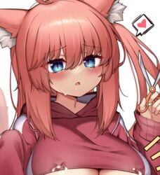 absurdres ahoge animal_ear_fluff animal_ears blue_eyes breasts cat_ears clothes_lift competition_swimsuit eyebrows_visible_through_hair female female hair_between_eyes heart heart-shaped_pupils highres holding holding_scissors hood hoodie kaptivate lactation lactation_through_clothes large_breasts long_hair long_sleeves nekomia_(kaptivate) one-piece_swimsuit open_mouth orange_hair original red_hair red_hoodie saliva scissors shirt_lift sidelocks simple_background sleeves_past_fingers sleeves_past_wrists solo speech_bubble sweat swimsuit symbol-shaped_pupils tail taut_clothes underboob upper_body white_background