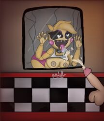 1boy 1girls ahe_gao animatronic big_ass big_balls big_breasts big_butt big_eyebrows big_eyes big_penis breasts cum cumshot five_nights_at_freddy's heart_eyes licking looking_at_penis penis pink_panties spitting straight teeth toy_chica_(eroticphobia) toy_chica_(fnaf) yellow_skin