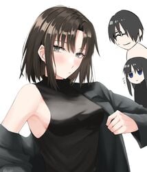 1boy 2girls alternate_costume armpits black_hair blue_eyes blush breasts cowboy_shot daughter egomeshi frown glance gray_eyes hair_over_one_eye highres husband_and_wife japanese_text kara_no_kyoukai kokutou_mikiya long_hair looking_at_viewer medium_breasts multiple_girls off_shoulder rimless_eyewear ryougi_mana ryougi_shiki shirt short_hair sideboob sleeveless sleeveless_shirt stare sweatdrop tomboy translated tsundere twitter_username type-moon